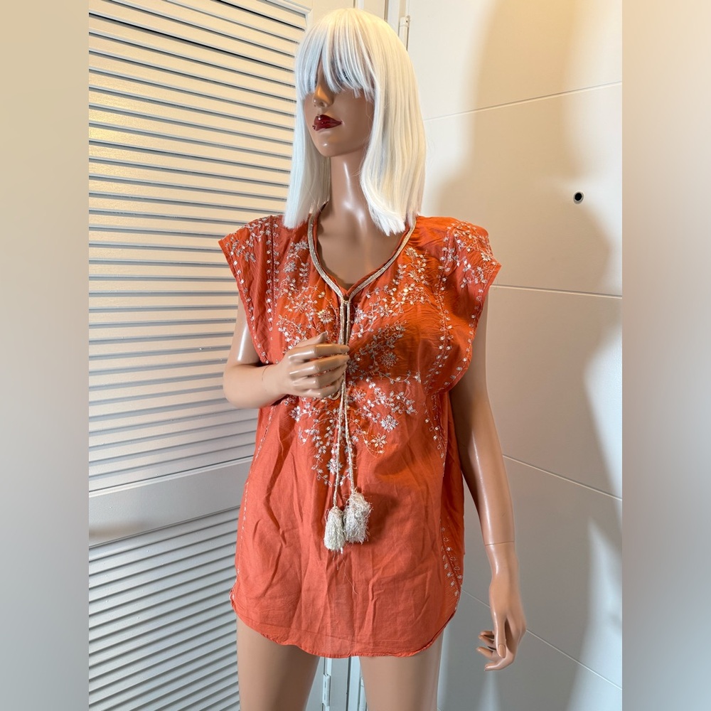 Calypso St. Barth Boho embroidered tunic top orange large